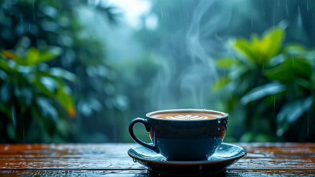 Hot steaming coffee cup with latte art on a wet wooden table during a monsoon rain, relaxing cozy atmosphere footage.