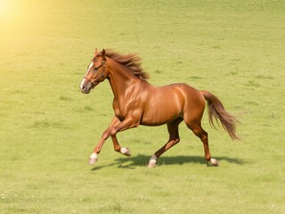 Fototapeta premium A chestnut horse galloping freely across a lush green field under the bright sunlight on a clear day