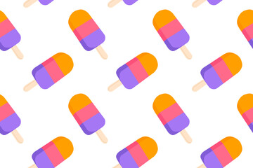 Seamless pattern of colorful layered fruit popsicles in orange, pink, and purple on white background, great for playful summer designs