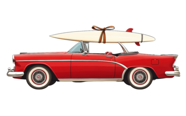 Classic convertible car with surfboard tied on roof rack parked on sunny beachside road Isolated on Transparent Background PNG