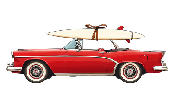 Classic convertible car with surfboard tied on roof rack parked on sunny beachside road Isolated on Transparent Background PNG
