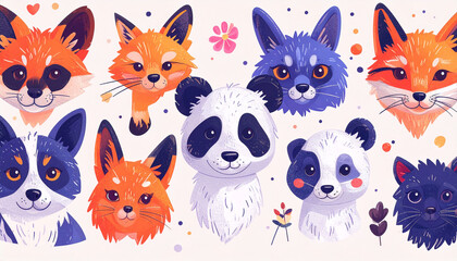 A whimsical collection of stylized fox, panda, and dog faces, rendered in vibrant colors against a light background, interspersed with simple floral elements