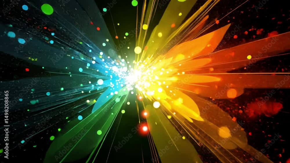 Poster dynamic explosion of vibrant colors and light rays, with energetic particles creating abstract backg