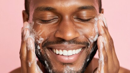 Happy african american man washing his face with soap, enjoying his skincare routine while smiling with closed eyes against a vibrant pink background, radiating freshness and joy