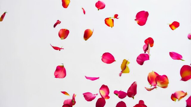 A visually striking image of vibrant red and pink rose petals falling against a clean white background. Ideal for use as a background, texture, or design element in projects related to romance, love