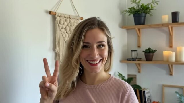 Blonde Caucasian woman shares positivity at home, making a peace sign near a macrame wall hanging and plants. Smiling, she projects good vibes.