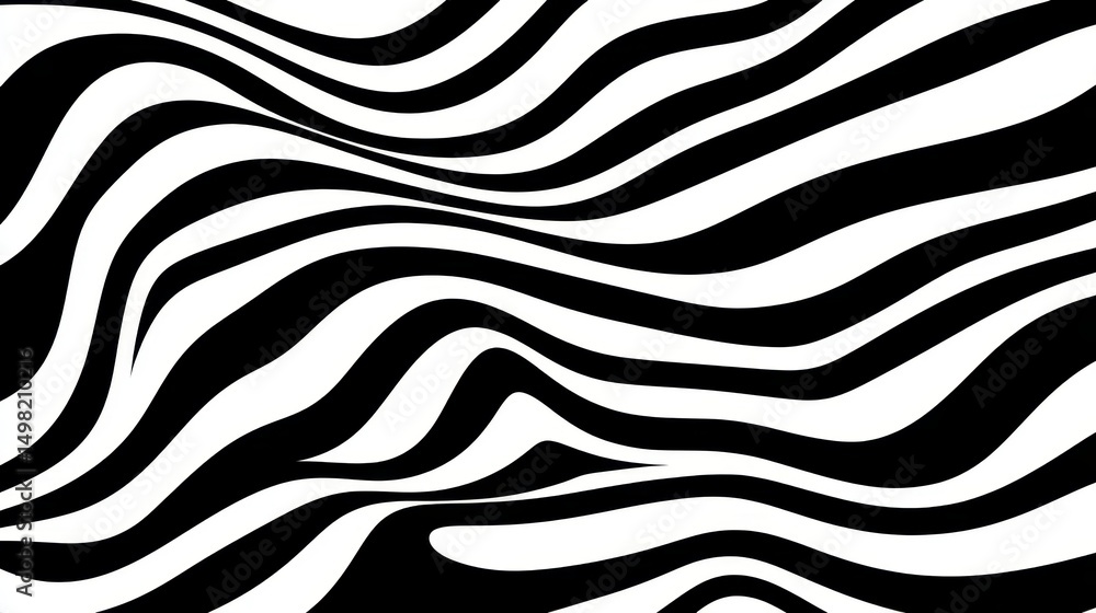 Poster wavy black stripes undulating across white background, generating optical illusion with dynamic abst