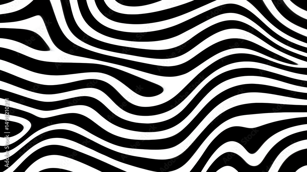 Poster smooth black and white wavy stripes interweaving, generating optical illusion with dynamic abstract 