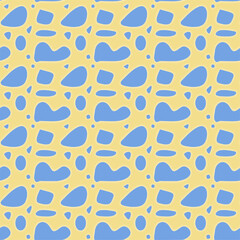 Playful abstract raindrop shapes in blue scattered on a bright yellow background. A seamless and cheerful design suitable for children&rsquo;s products and fun decor.