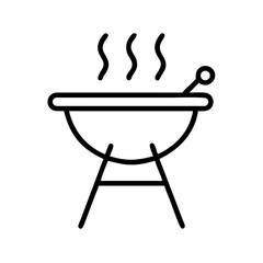 A simple line drawing of a charcoal grill with smoke rising and a tool resting on the edge of it