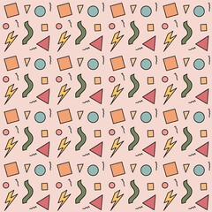 A seamless pattern featuring quirky pastel icons like lightning bolts, squiggles, circles, and squares. Youthful and fun, ideal for children’s products or retro designs.