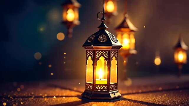 Ornate Ramadan lanterns glow softly against a dark, glittering backdrop. Concept of: Spiritual reflection. Muslim holy month Ramadan Kareem concept. Eid al-Fitr