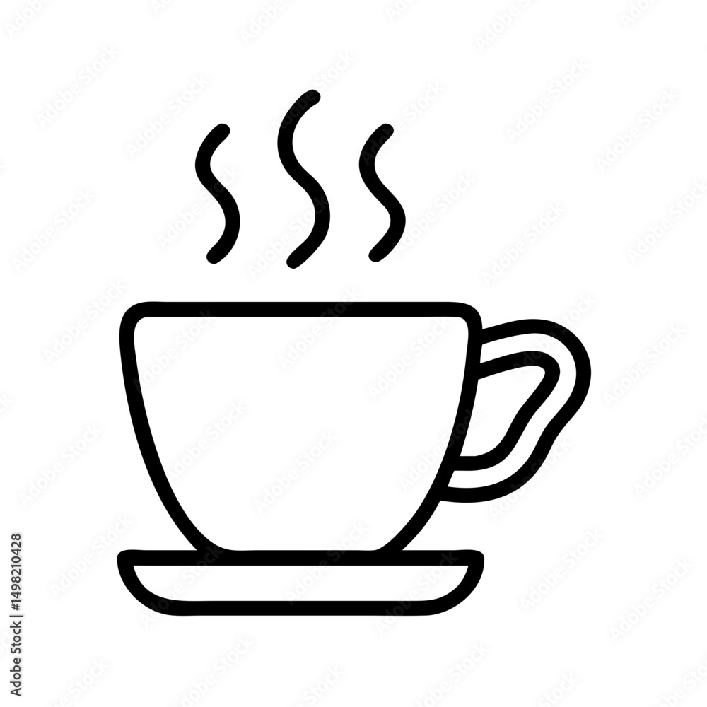 Poster outline drawing of a steaming cup on a saucer with handle and rising steam depicted above it