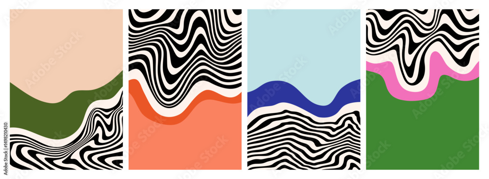 Poster Abstract Wavy Psychedelic Poster. Pattern with Color Shapes. Vector Geometric Line Art on Minimal Background Design.
