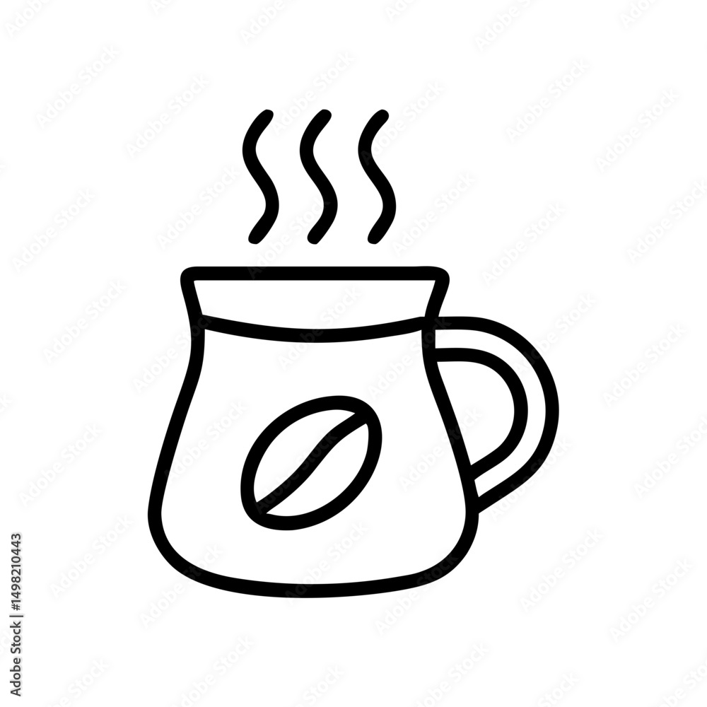 Poster outline drawing of a steaming mug with a bean design on it for a warm beverage drink design