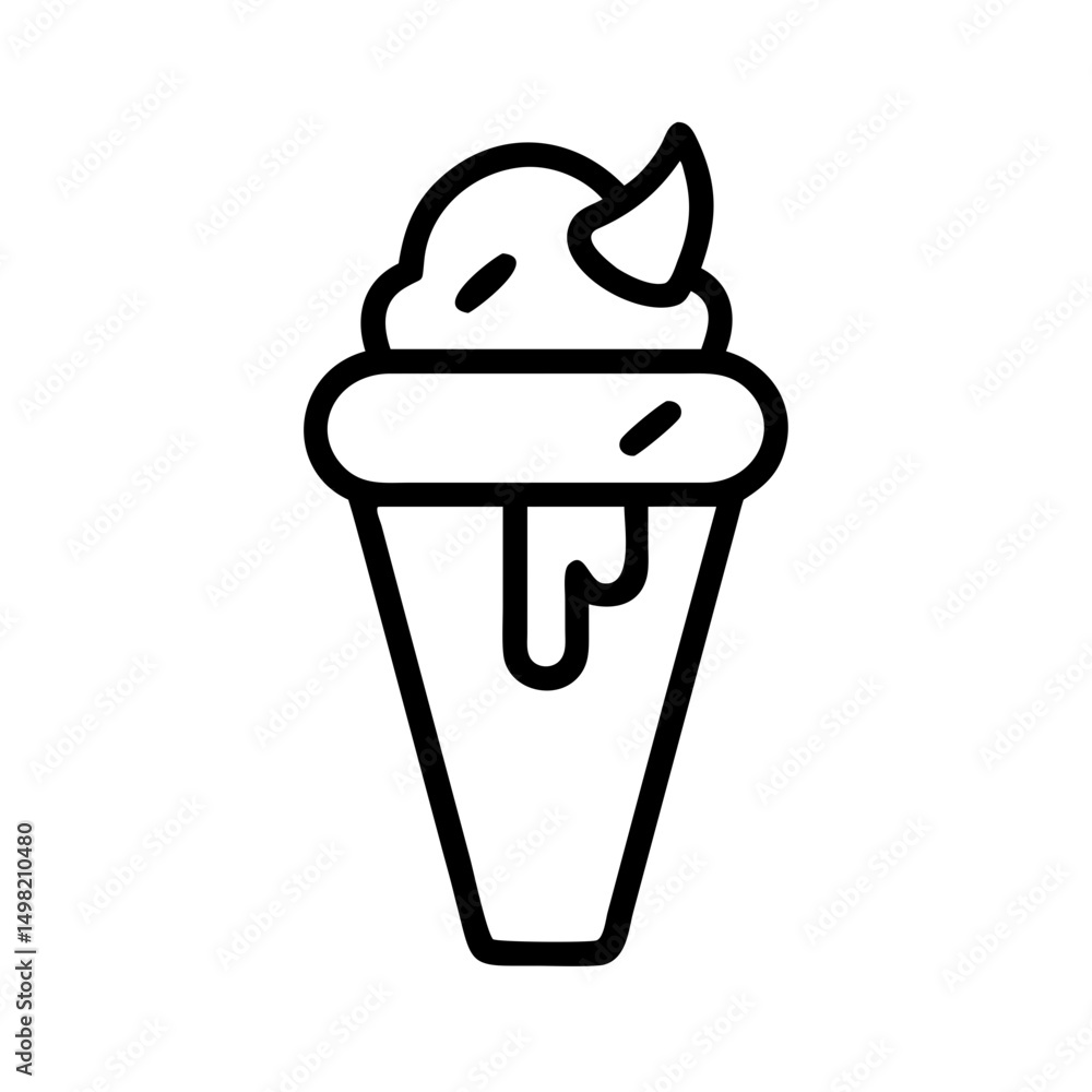 Poster outline drawing of a cone with frozen dessert and a swirl on top with a drip detail design element