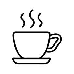 Outline drawing of a steaming cup on a saucer with handle and rising steam depicted above it