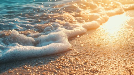Gentle Waves Caressing Sandy Shore at Golden Sunrise Glow