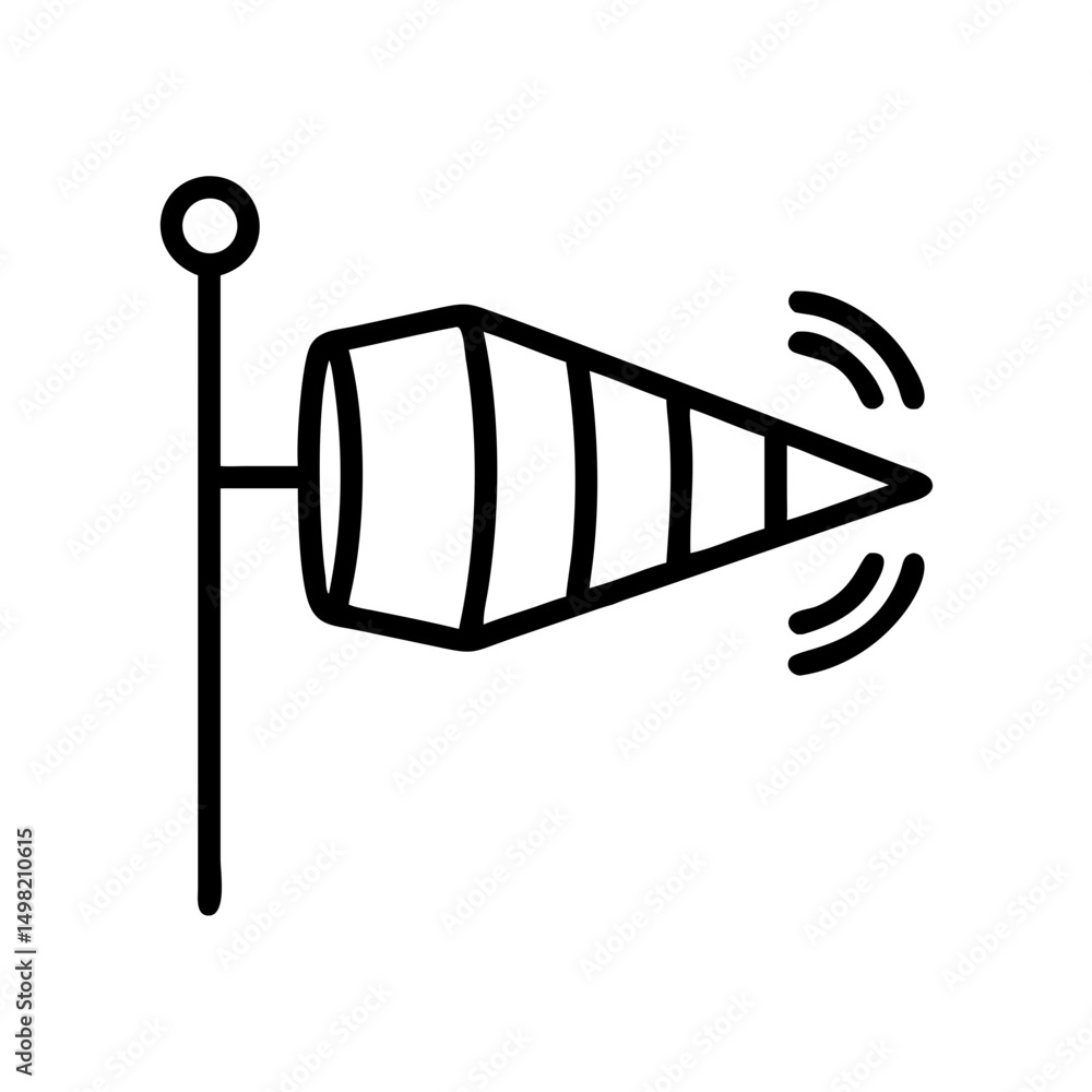 Poster outline drawing of a windsock on a pole showing wind direction and speed with curved lines indicatin