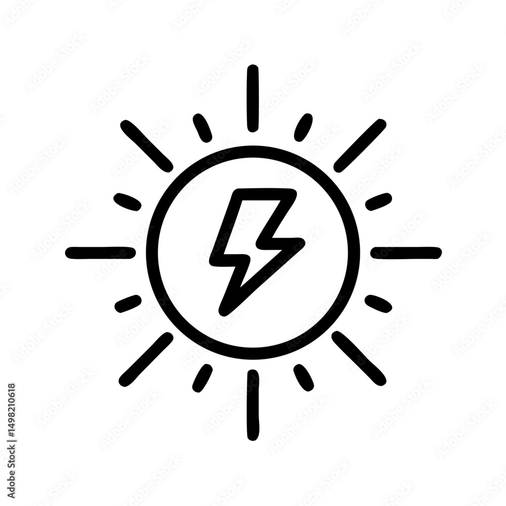 Poster outline graphic of a sun with rays emanating and a lightning bolt inside a circle shape design
