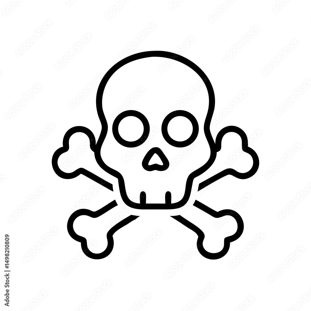 Poster stylized graphic of a skull with two bones crossed behind it in a simple black outline design