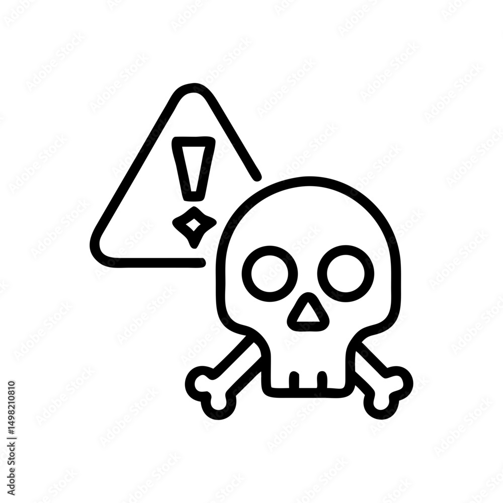 Poster outline drawing of a skull and crossbones with a warning sign behind it in black and white style
