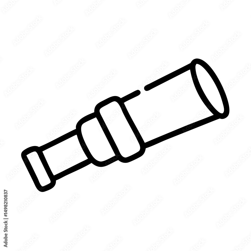 Poster a simple outline drawing of a handheld telescope used for viewing distant objects in the sky and spa