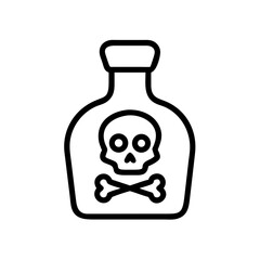 A black and white drawing of a bottle with a skull and crossbones symbol on the front label design