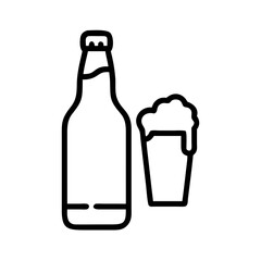 A simple graphic showing a bottle and a glass filled with a frothy beverage in black outline style