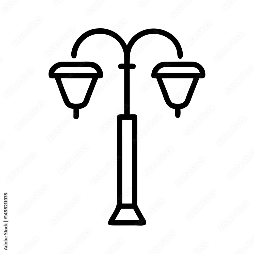 Poster a simple graphic of a double street lamp with a black outline on a white background design element