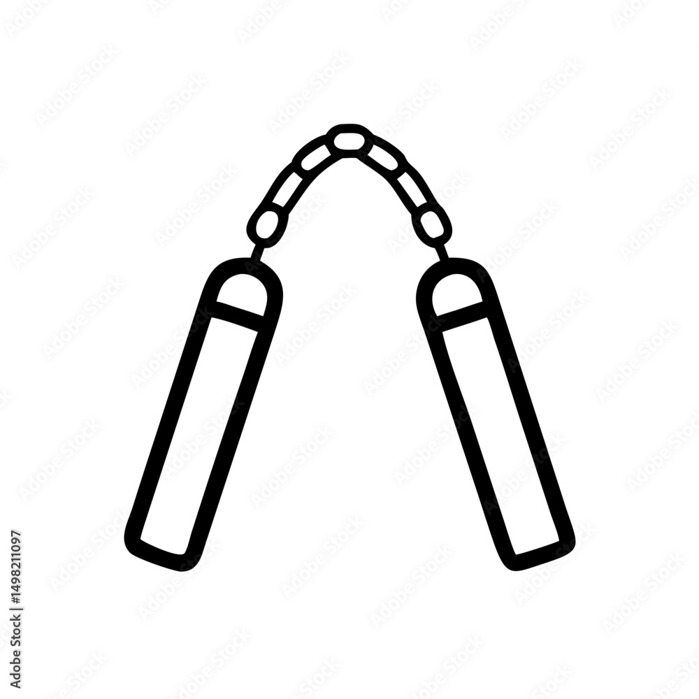 Poster isolated graphic of a nunchaku weapon with chain links and two handle pieces in black and white desi