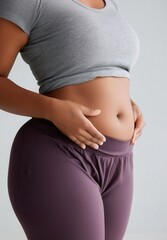 Body positive close up revealing woman's midriff, hands gently touching stomach, highlighting natural body diversity and wellness acceptance