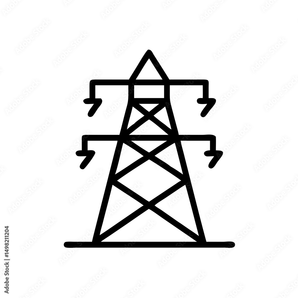 Poster a simple depiction of a power line tower with visible conductors and a lattice structure design, iso