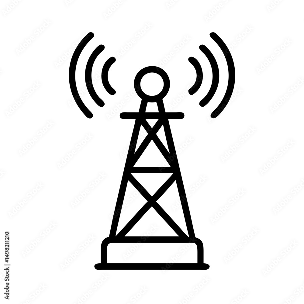 Poster a simple graphic of a radio tower with signals radiating from the top in a line drawing style
