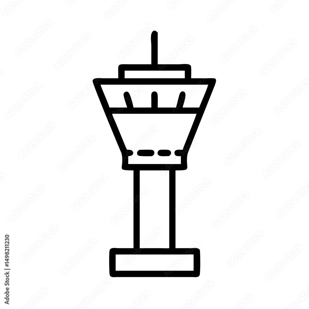 Poster a simple graphic of an air traffic control tower with a black outline on a white background view fro