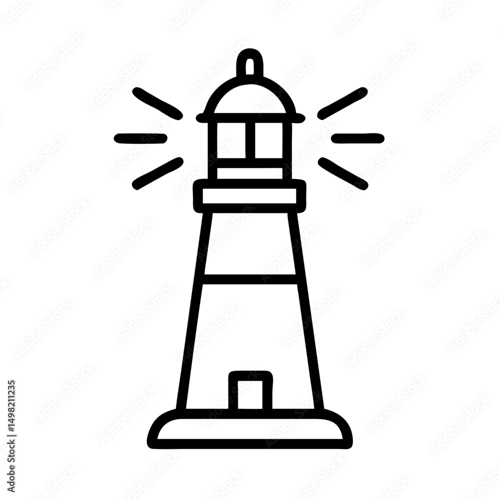 Poster a single line drawing showing a beacon with light rays emitting from the top on a white background