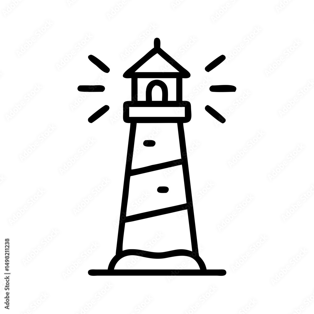 Poster simple outline drawing of a beacon tower with light beams emanating from the top structure area view