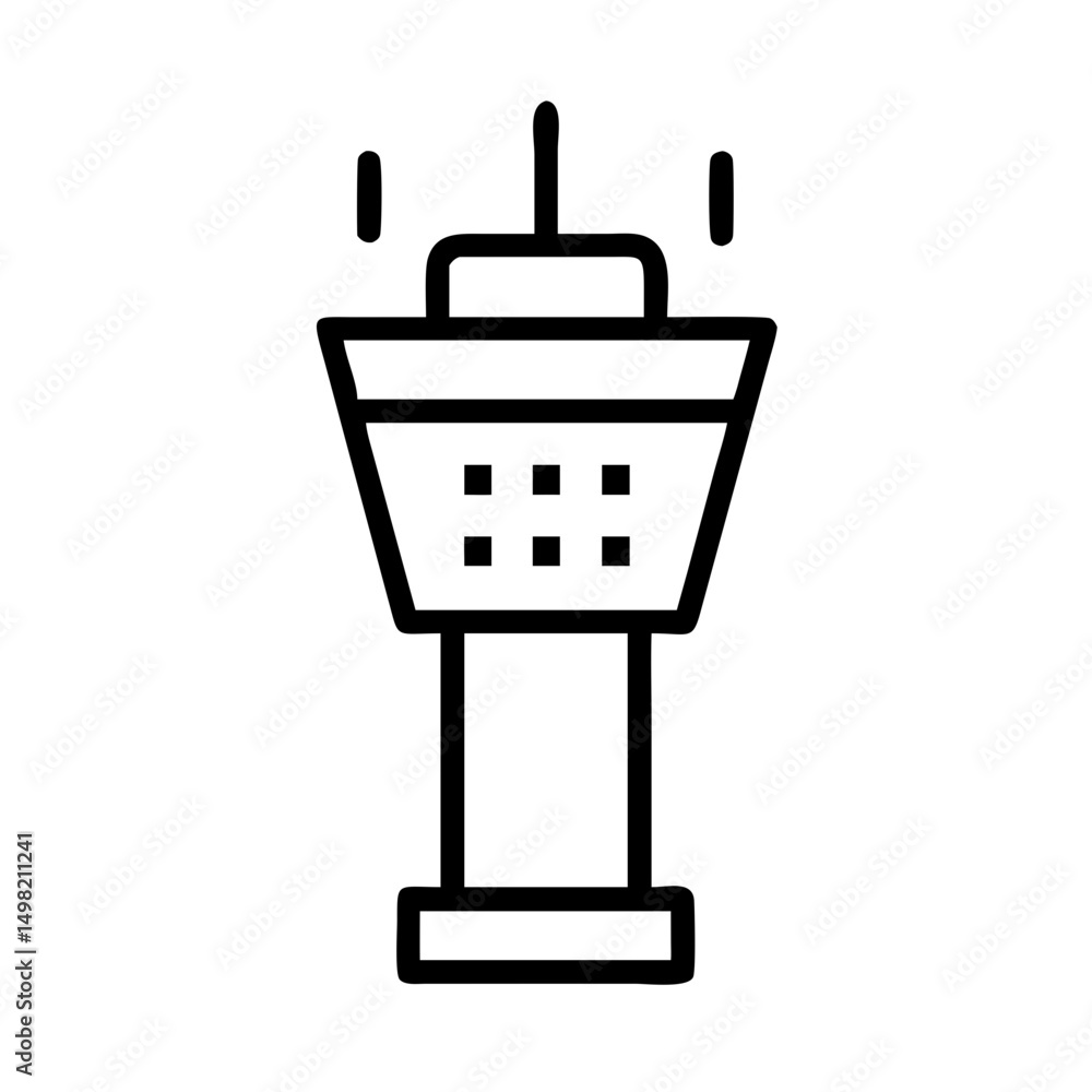 Poster an airport control tower structure with a boxy design and antenna on top in simple line art