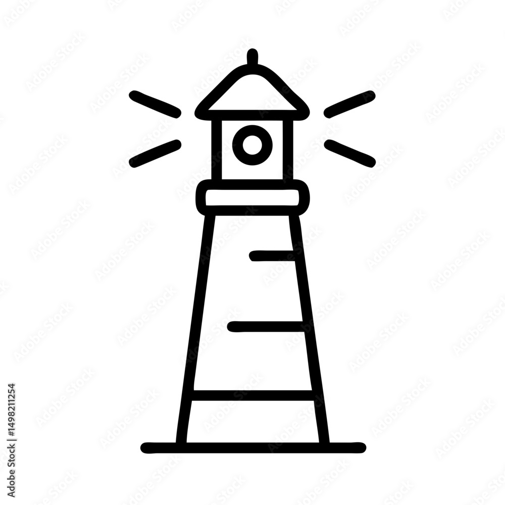 Poster a simple outline of a beacon with light rays emanating from the top against a white background view 