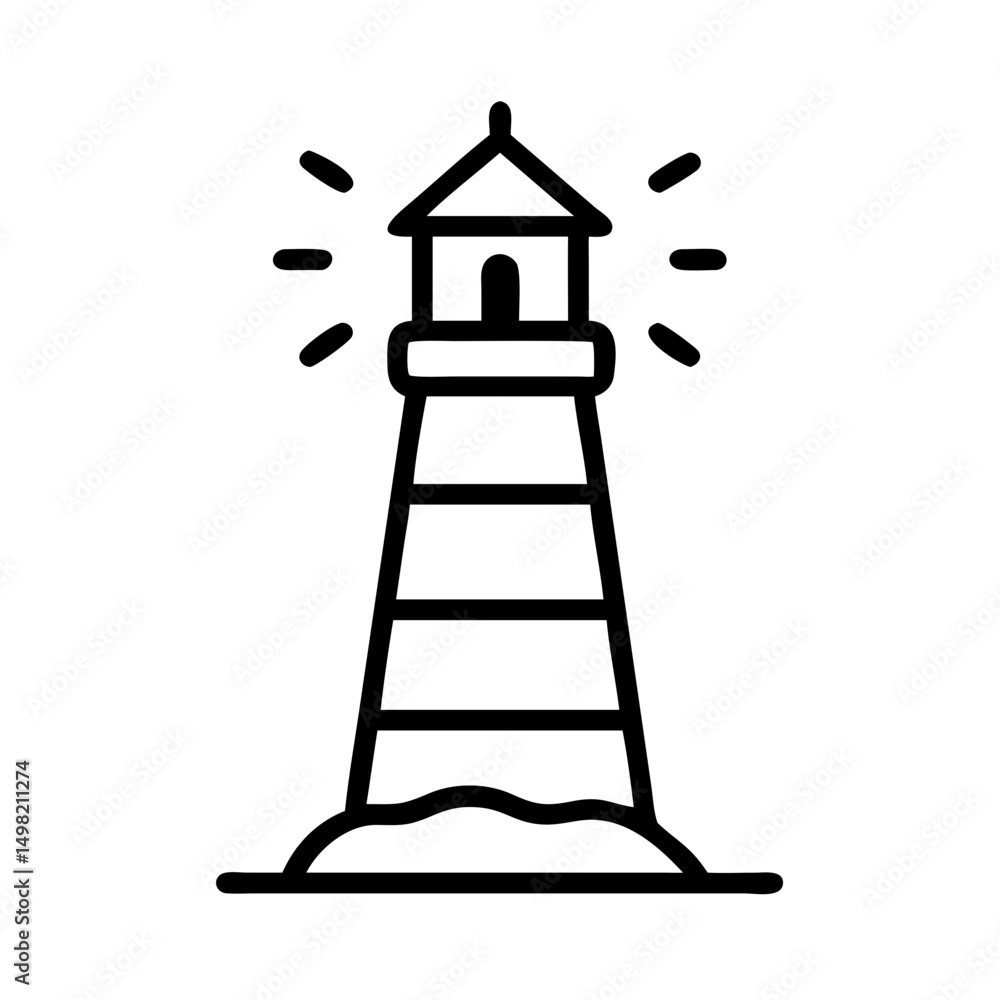 Poster a beacon on a small hill with light beams emanating from the top of the structure outline drawing