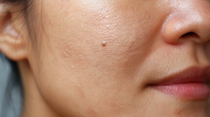 Close up of a woman's face highlighting skin problems such as enlarged pores, acne, scars, and blemishes, emphasizing the need for skincare