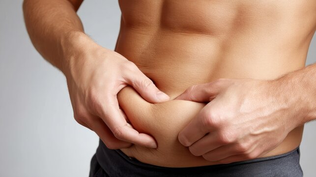 Male pinching excess abdominal fat, highlighting body weight challenges and motivation for healthier fitness goals