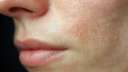 Close up view of peeling skin on a woman's face, emphasizing a serious dermatological issue needing medical attention and effective skincare for improved health and appearance
