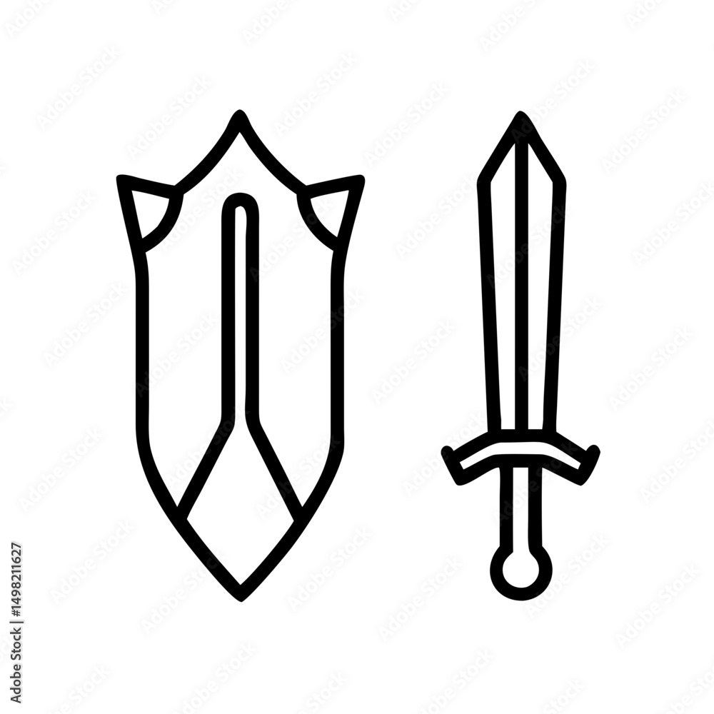 Aufkleber outlined drawing of a shield with a central design and a sword with a rounded pommel design shown