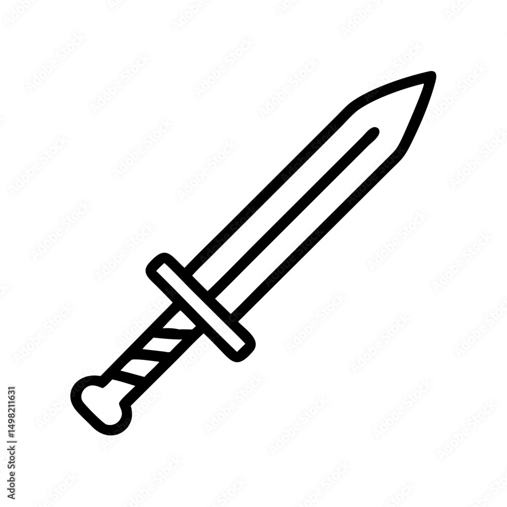 Poster simple outline drawing of a medieval sword with a twisted grip and a sharp pointed blade design elem