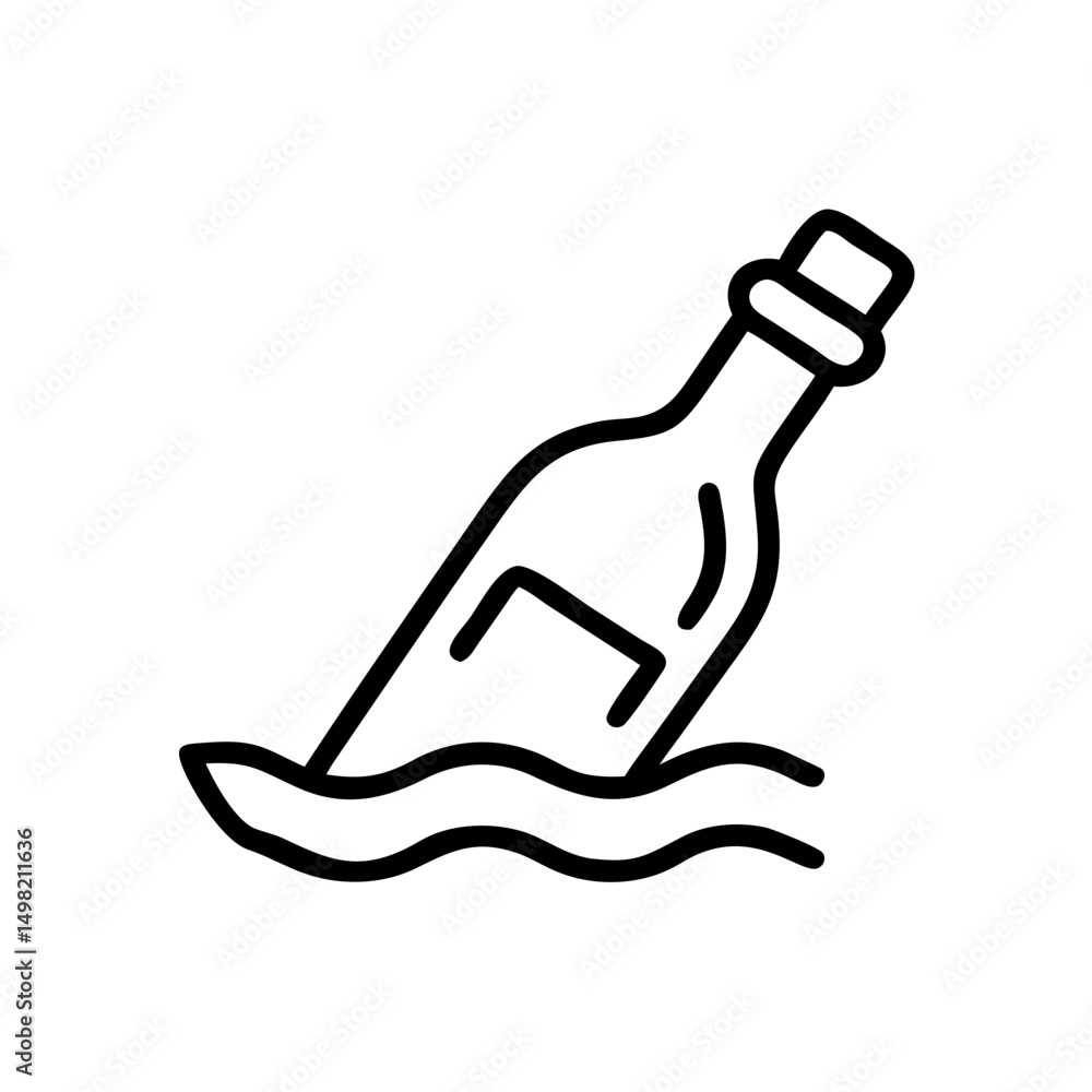 Poster a bottle with a cork floating on water with waves depicted in a simple line drawing style image