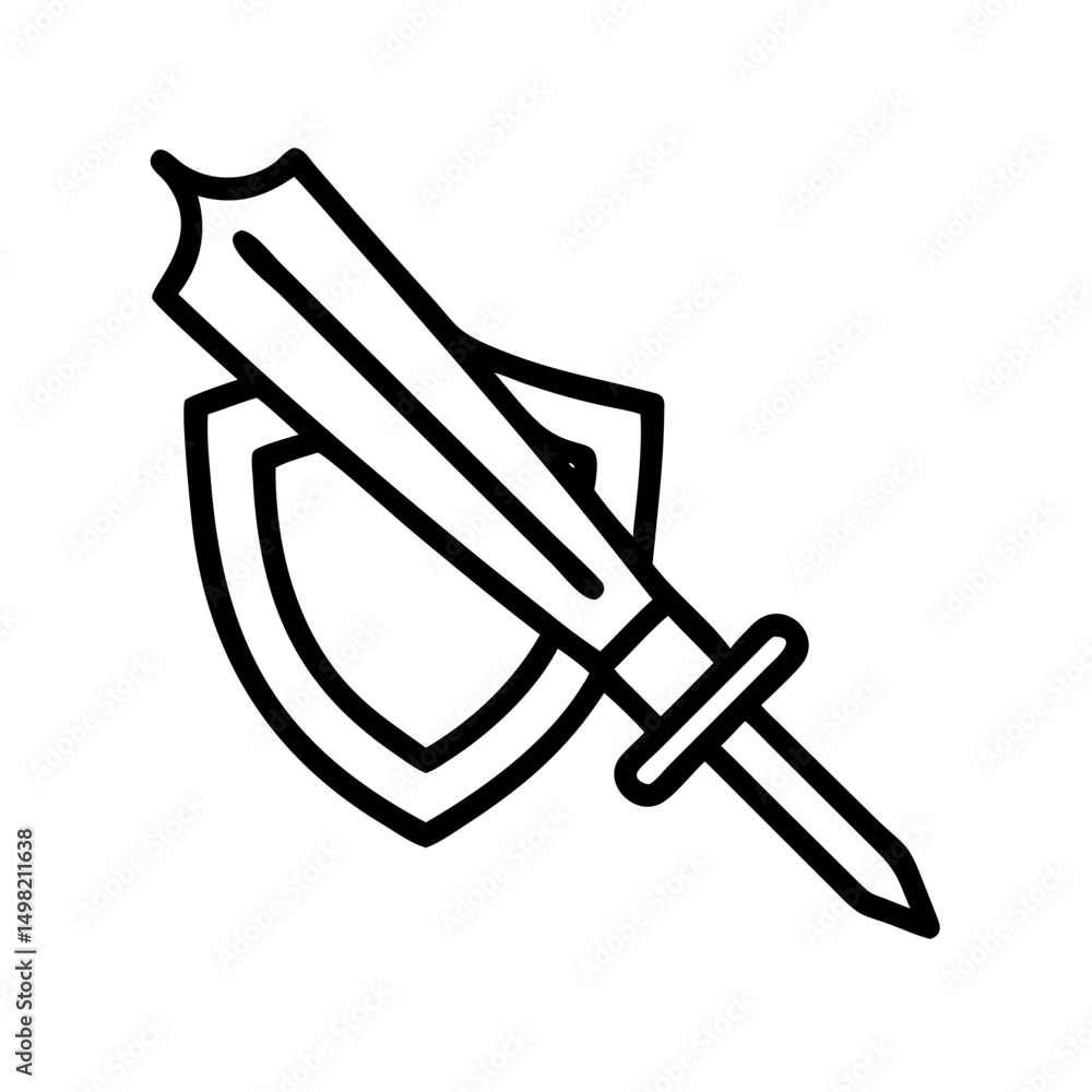 Poster outline drawing of a sword placed diagonally across a shield in a simple black and white design