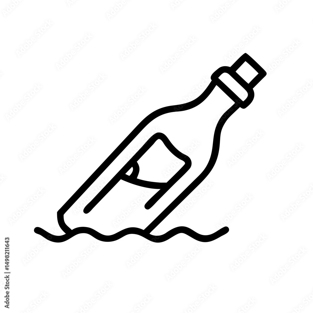 Poster a bottle with a message floating on the sea waves is depicted in a simple line drawing style design