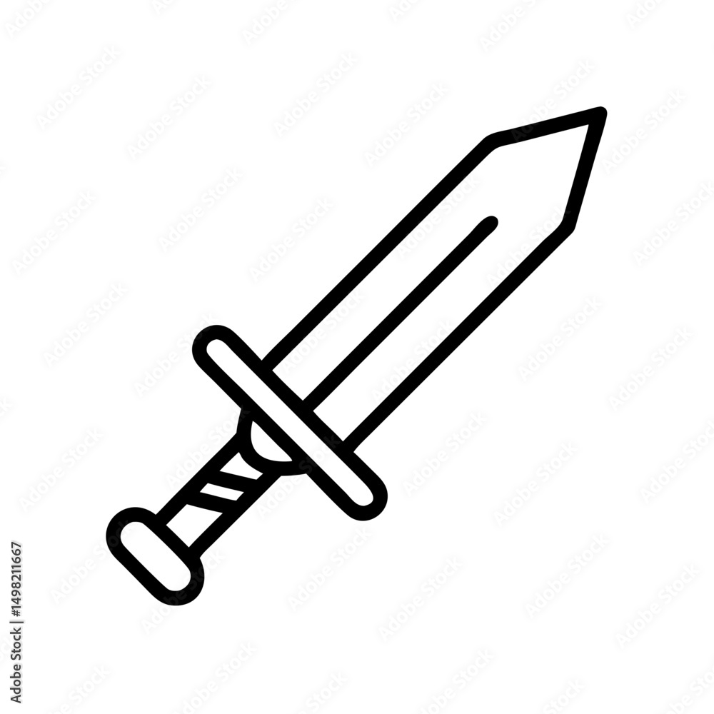 Poster a simple line drawing of a sword with a detailed hilt and a sharp pointed blade design style