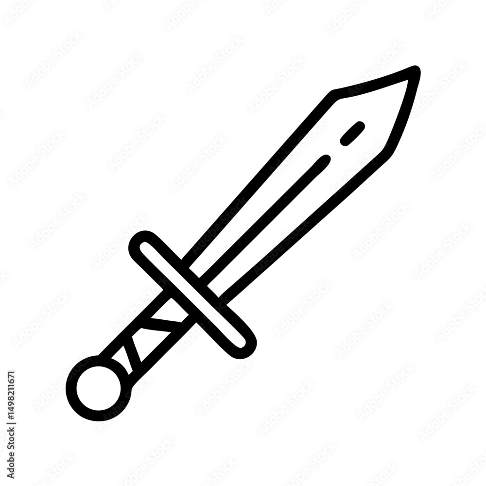 Poster a simple graphic showing a single edged weapon with a hilt and a rounded pommel design element